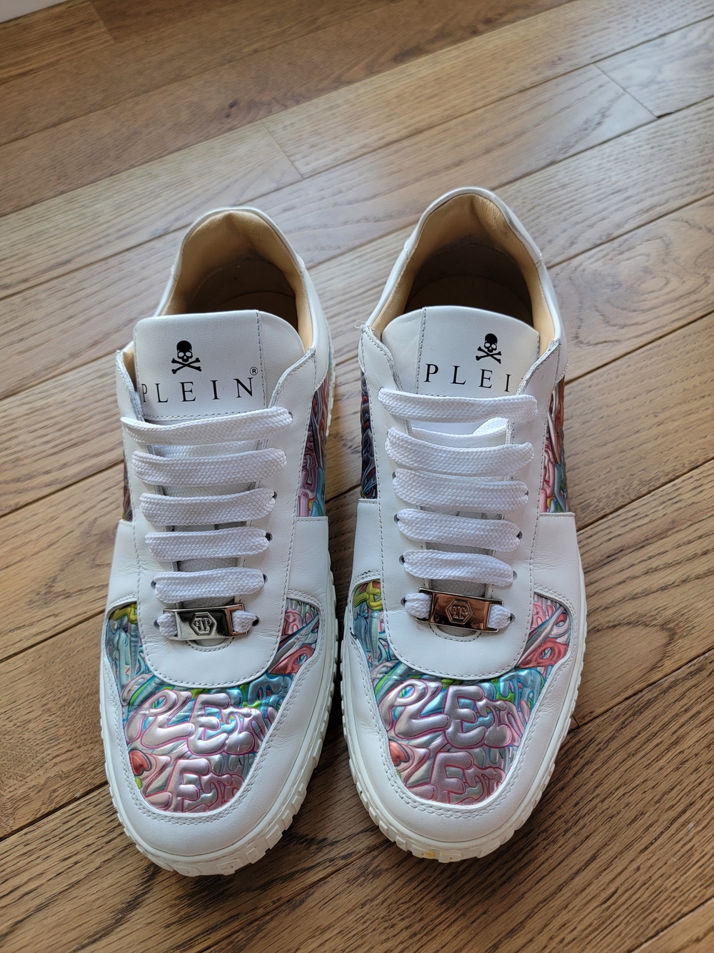 Philipp Plein White Sneakers with Iridescent Multicolor Panels